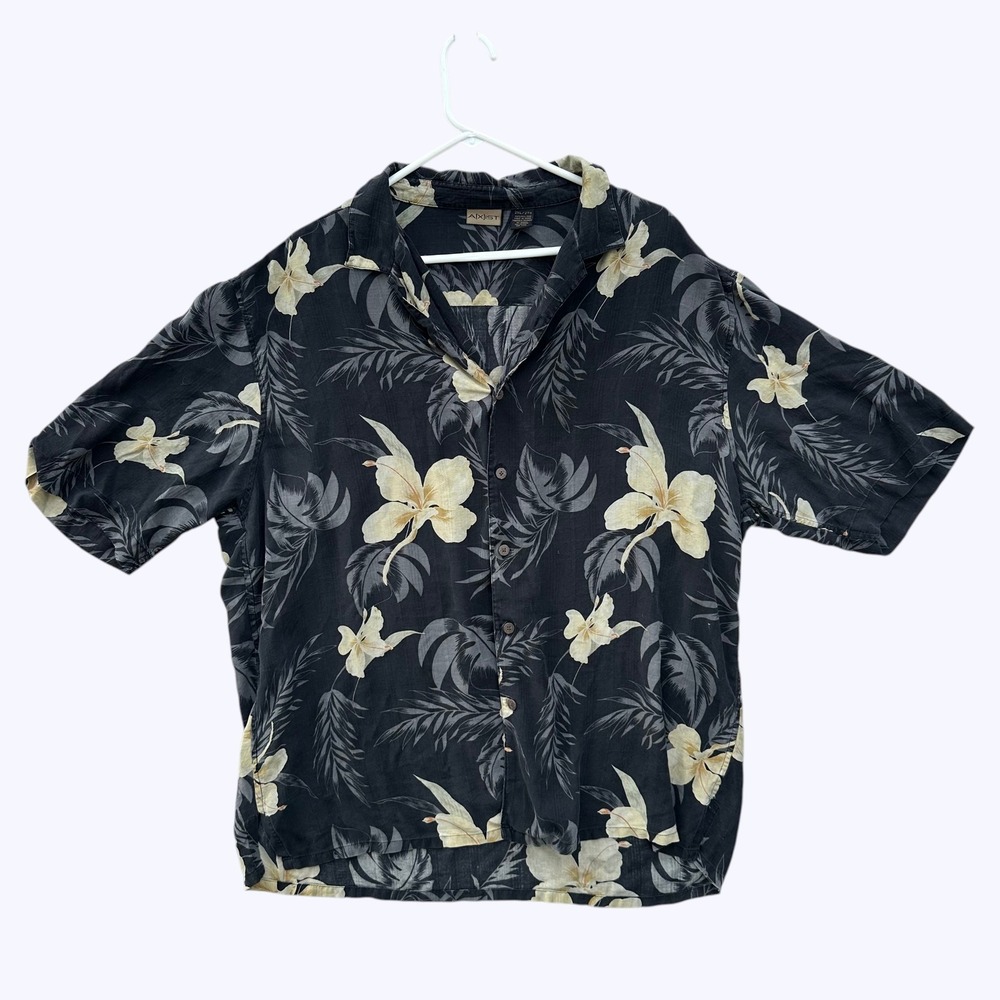 AXIST Men's 2XL 100% Silk Hawaiian Shirt Black Floral Aloha Button Up